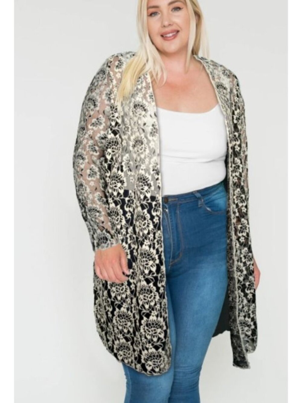 Floral Lace 2X Long Cardigan Kimono Jacket For Women In Black & White